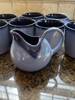Sango Nova Blue Ceramic Creamer and Mugs Set